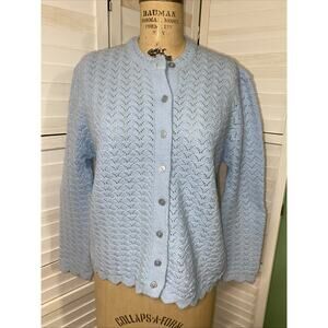 60s 70s Grandma Cardigan Sweater Knit WinTuk By Rose Blue Scallop Knit Made USA